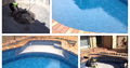 Collage of a pool renovation with a liner replacement and pebble finish on steps