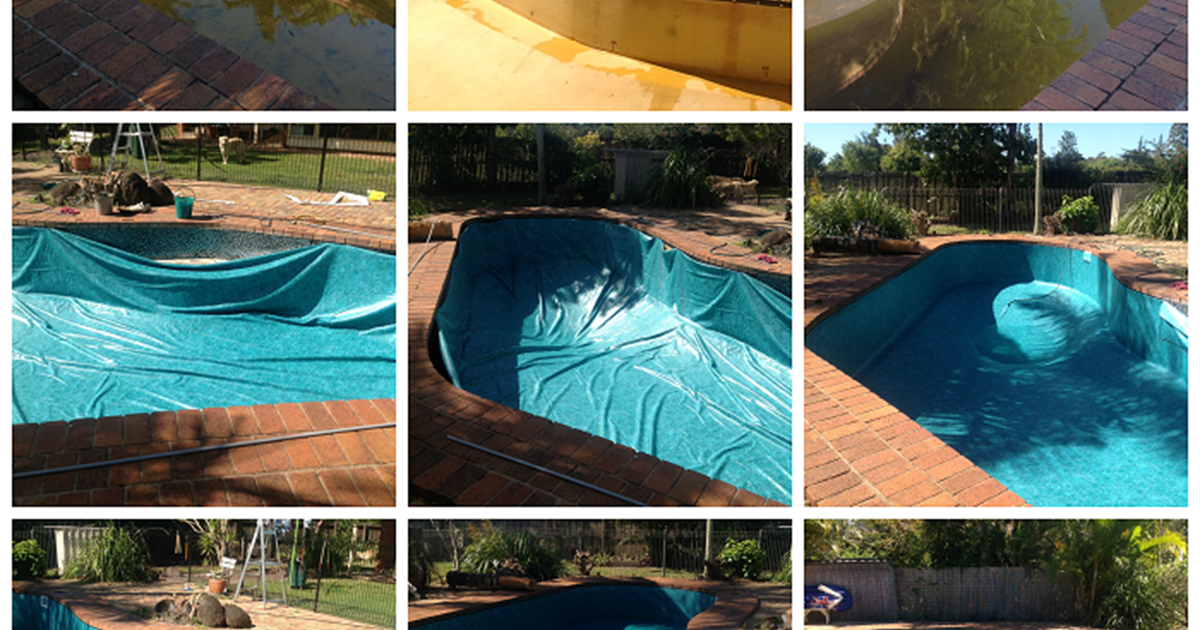 A grid of photos showing the old pool, the liner replacement process and the renovated pool